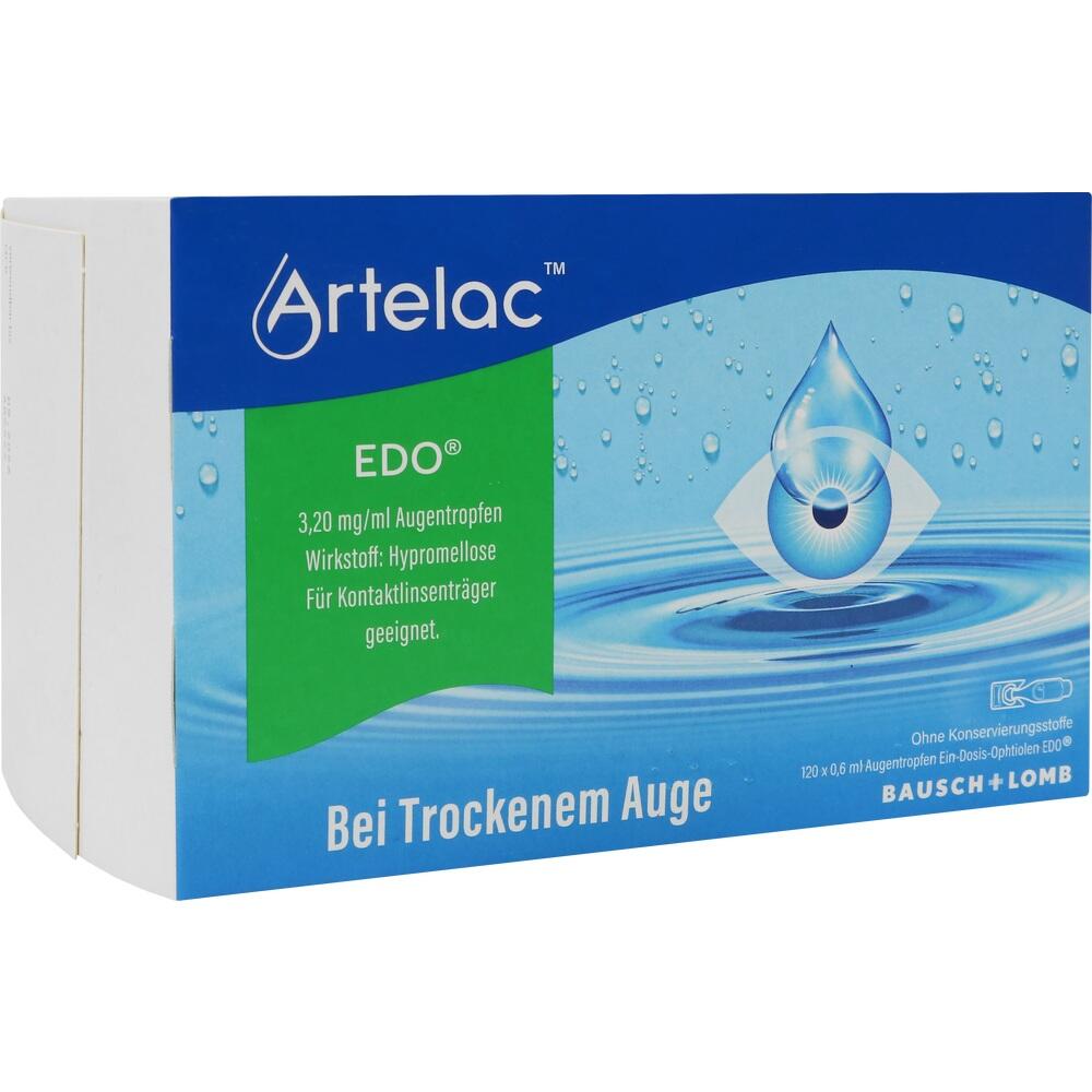 Eine blaue Packung mit Augentropfen gegen trockene Augen.