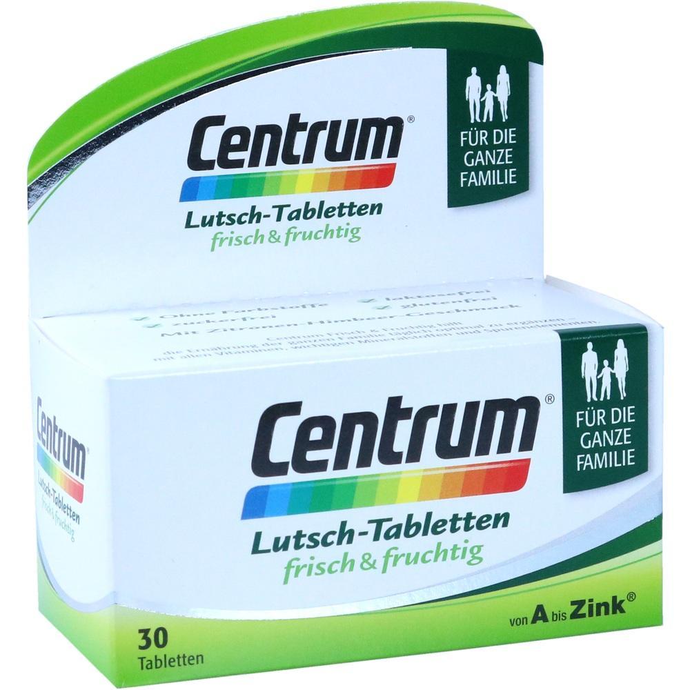 Eine Packung Centrum Lutsch-Tabletten, frisch und fruchtig, für die ganze Familie.