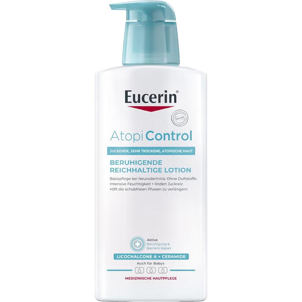 Verpackung einer Lotion zur Hautpflege bei Neurodermitis.