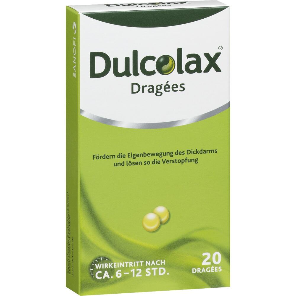 Grüne Packung von Dulcolax Dragees zur Linderung von Verstopfung.