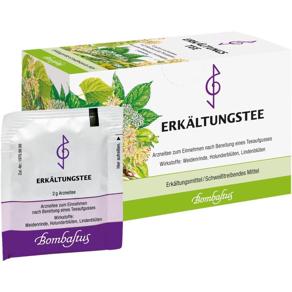 Eine Packung Erk&auml;ltungstee mit Teebeutel und Pflanzenbild.