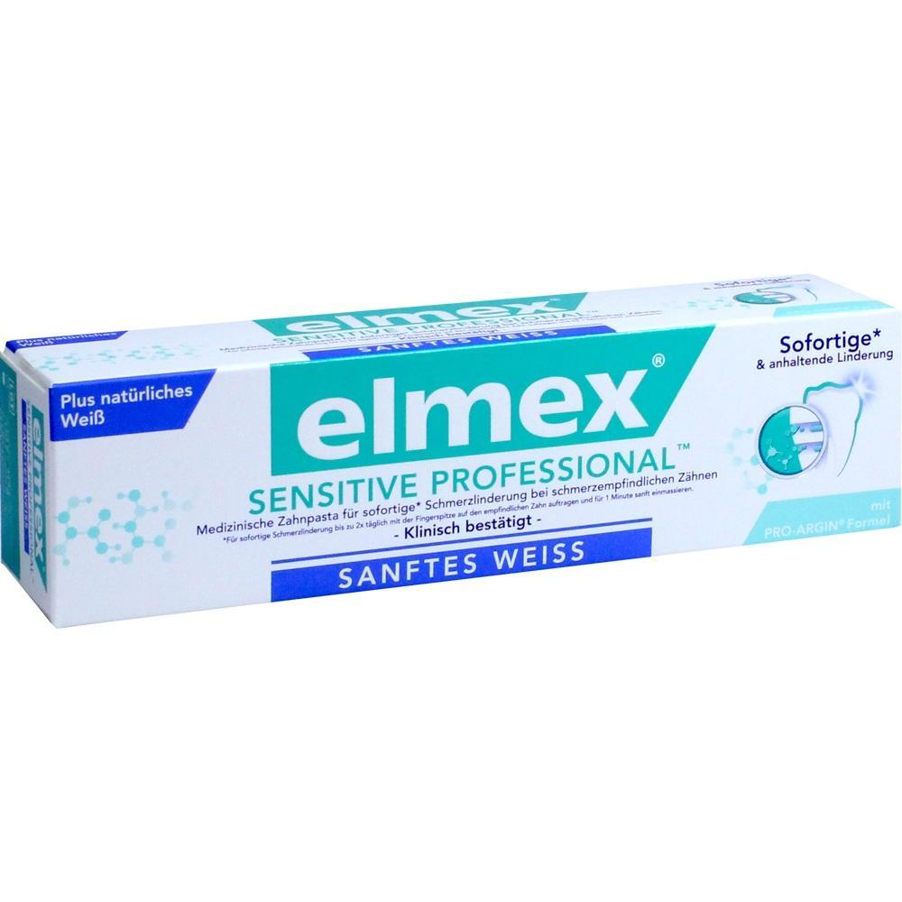 Verpackung einer Zahnpasta für empfindliche Zähne von Elmex, mit der Aufschrift "Sanftes Weiss".