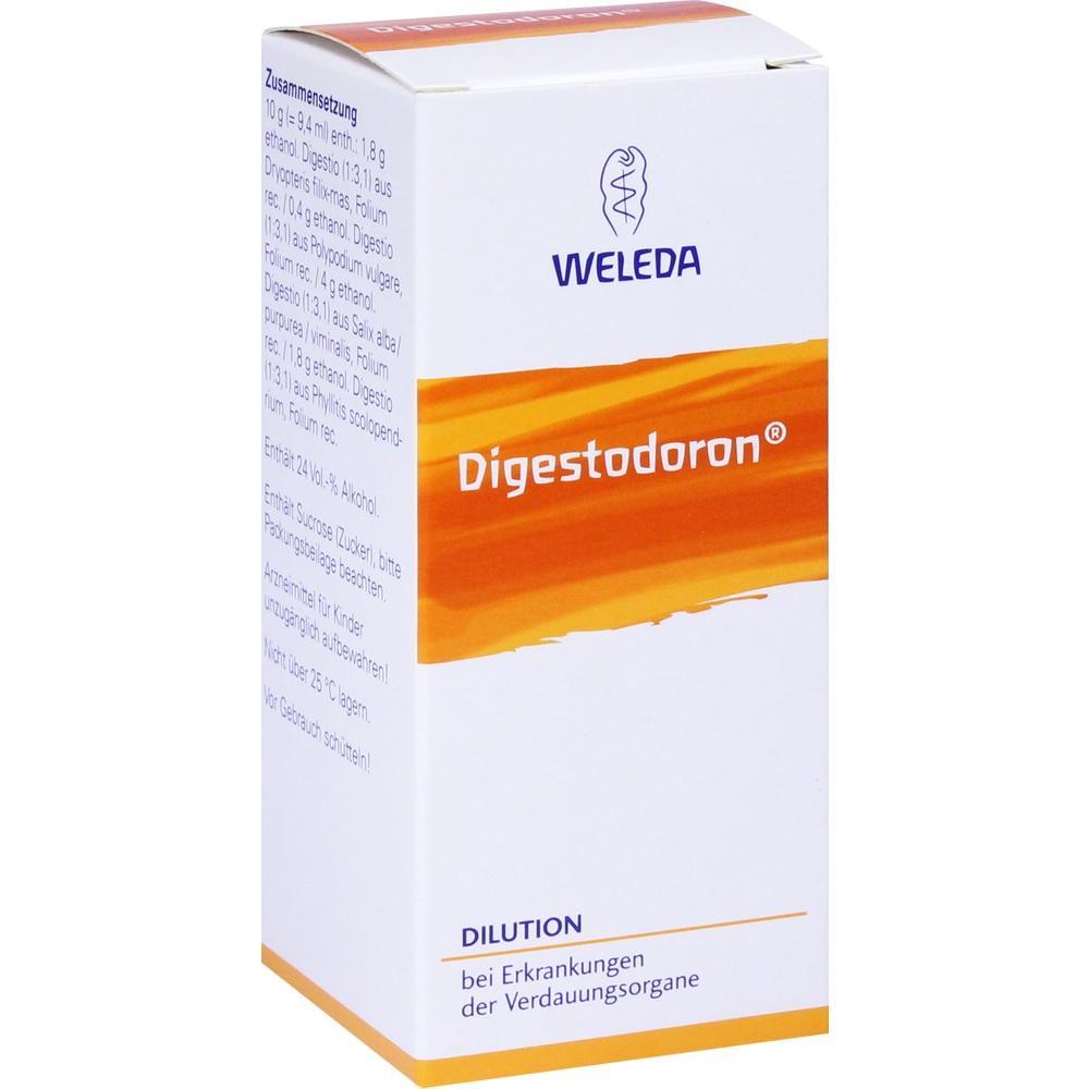 Eine wei&szlig;e Medikamentenverpackung mit orangefarbenem Band und der Aufschrift "Digestodoron".