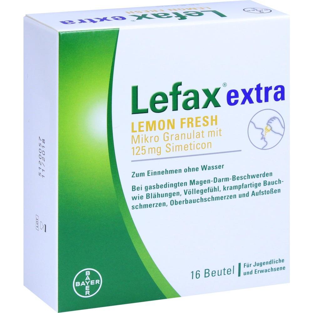Eine Packung Lefax extra gegen Magen-Darm-Beschwerden, zitrusfrisch.