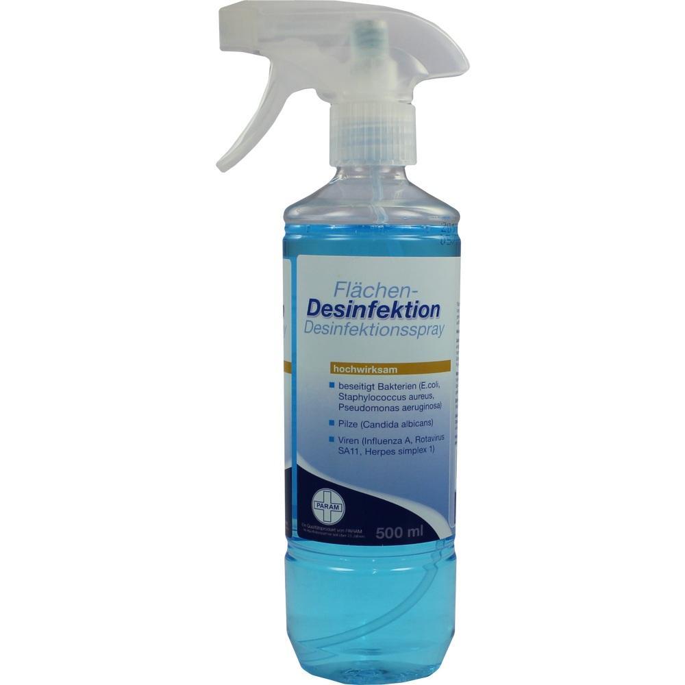Eine Flasche Desinfektionsspray für Flächen mit blauem Etikett und Sprühkopf.