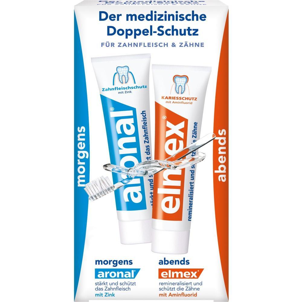 Zwei Zahnpastatuben, eine blaue und eine orange, mit einer Zahnbürste vorne.