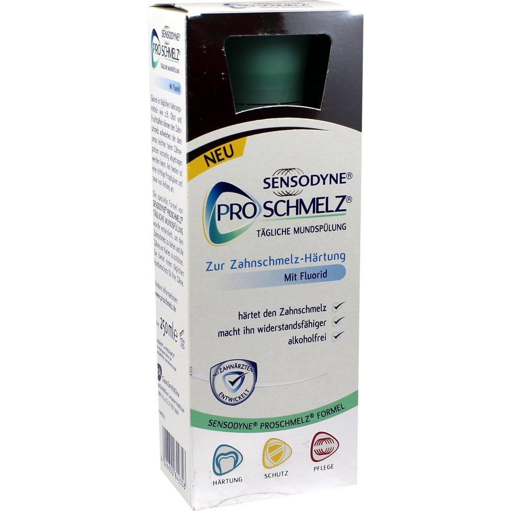 Eine Sensodyne ProSchmelz Mundspülung für starken Zahnschmelz steht in einer weißen Verpackung.