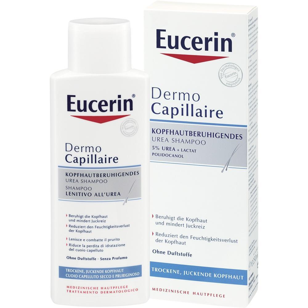Eine Flasche und Schachtel von Eucerin Urea Shampoo gegen juckende Kopfhaut.