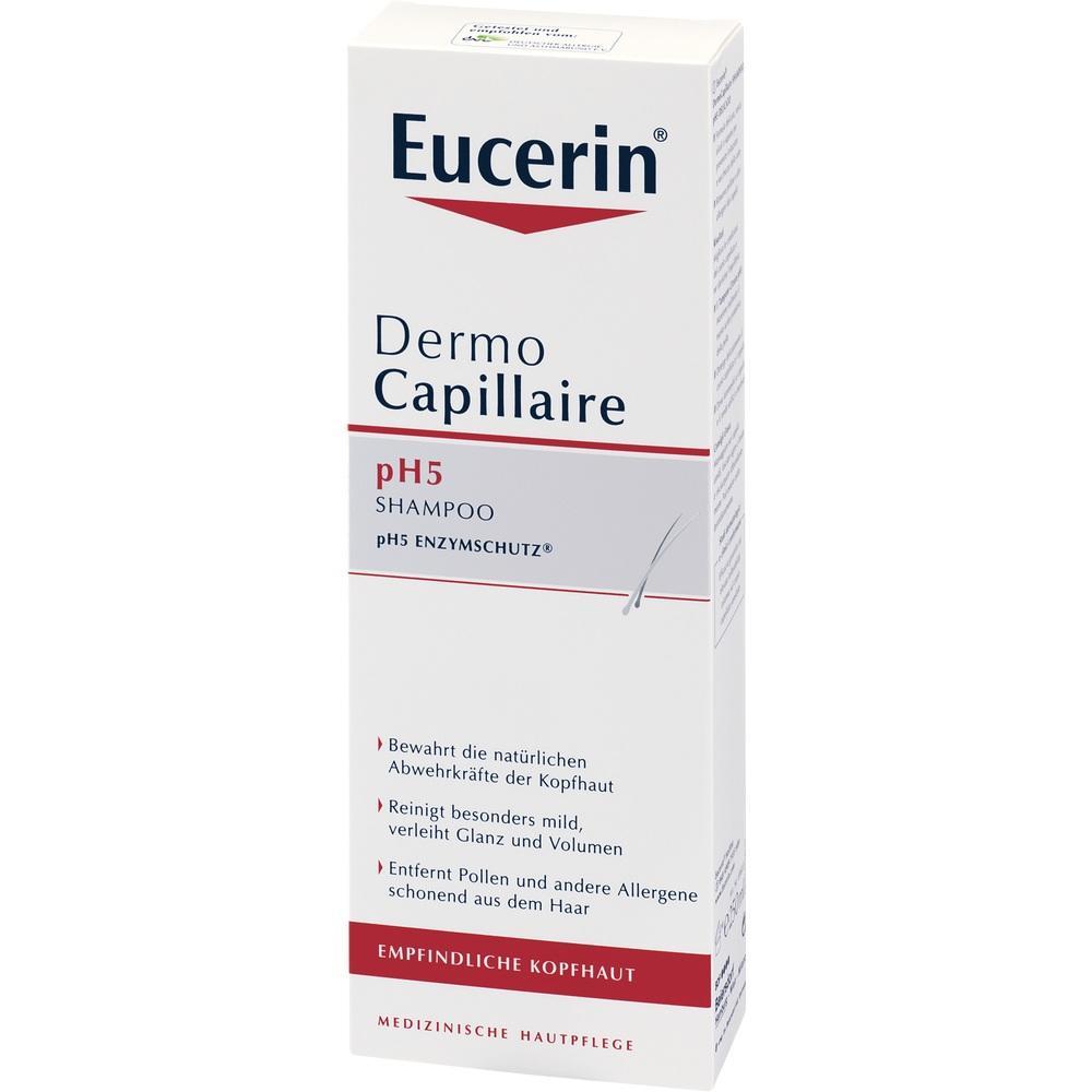 Wei&szlig;e Packung von Eucerin DermoCapillaire pH5 Shampoo f&uuml;r empfindliche Kopfhaut.