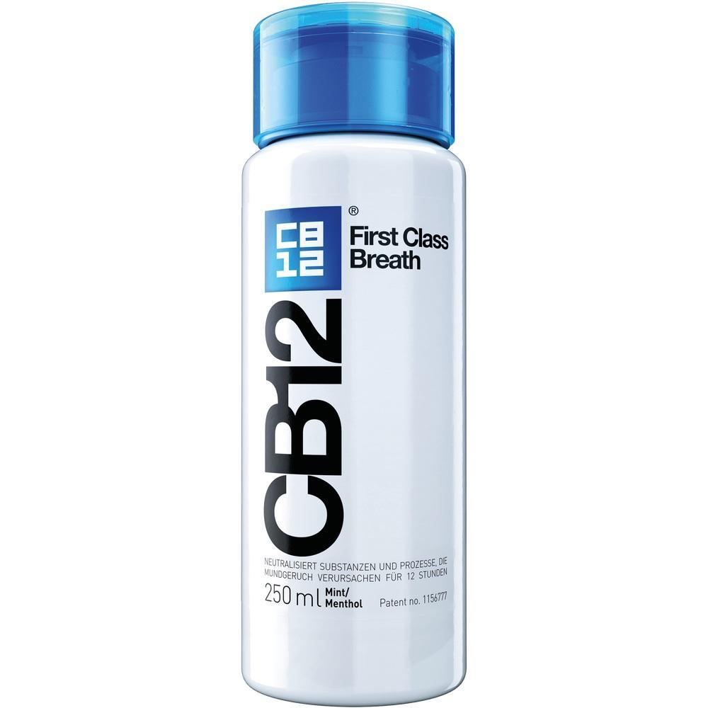 Weiße Mundspülflasche mit blauem Deckel und schwarzem Aufdruck "CB12".