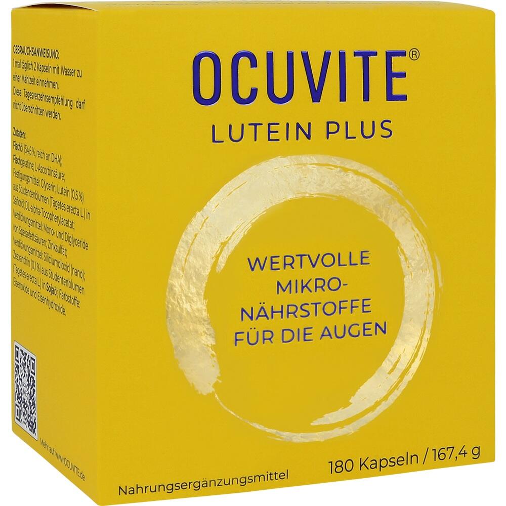 Gelbe Verpackung von Ocuvite Lutein Plus mit Text über Augennährstoffe.