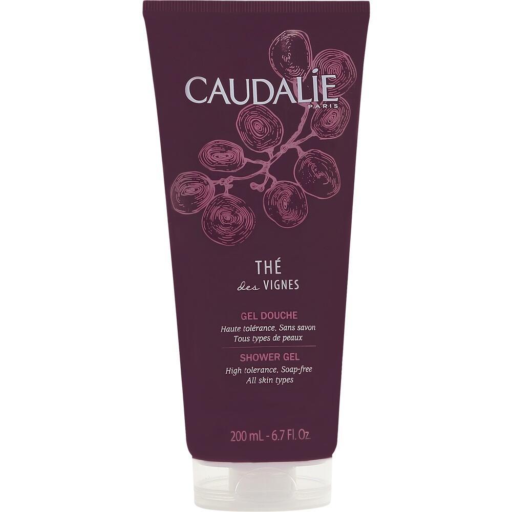 Dunkle Flasche mit lila Trauben-Illustration und Aufschrift "Caudalie Paris".