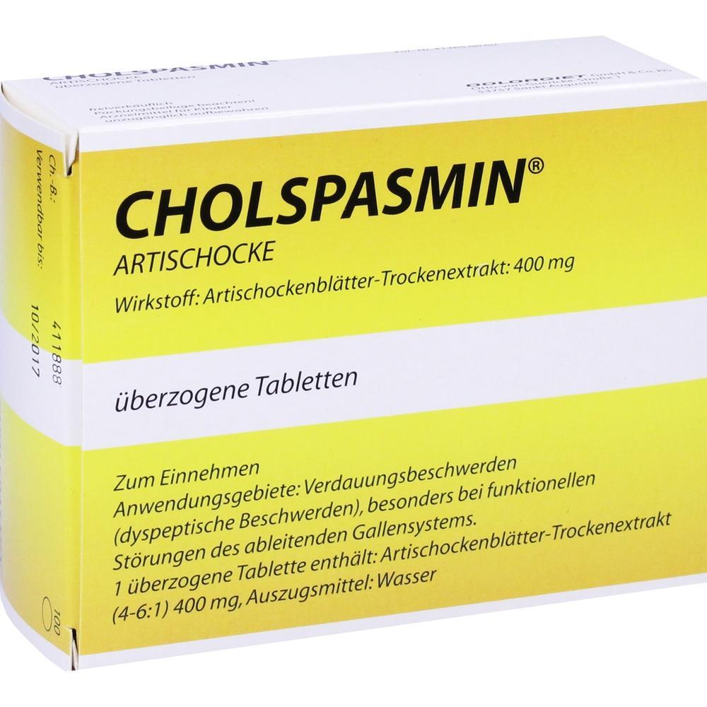 Gelbe Medikamentenverpackung für Verdauungsbeschwerden mit Artischockenextrakt.