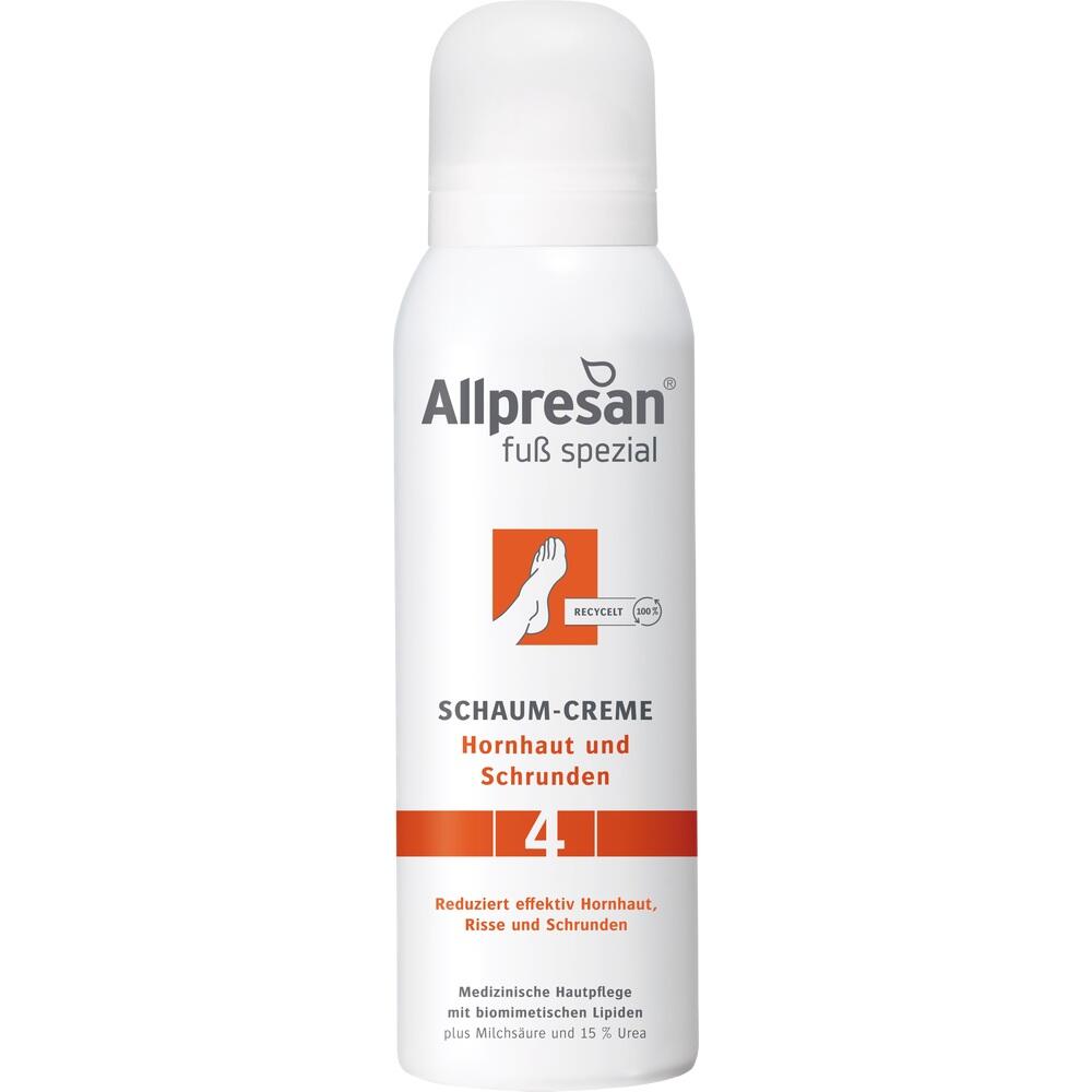 Weiße Flasche Allpresan Schaumspray für Hornhaut und Schrunden an den Füßen.