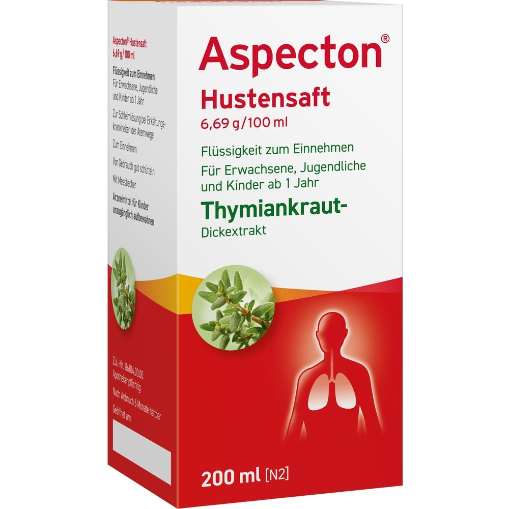 Eine Packung Aspecton Hustensaft mit Thymian und Lunge-Abbildung.