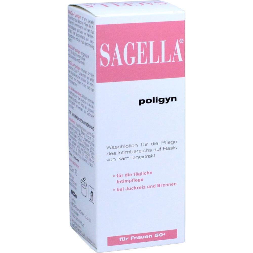 Weiße Verpackung mit rosa und schwarzem Text der Marke Sagella für Intimpflege von Frauen 50+.