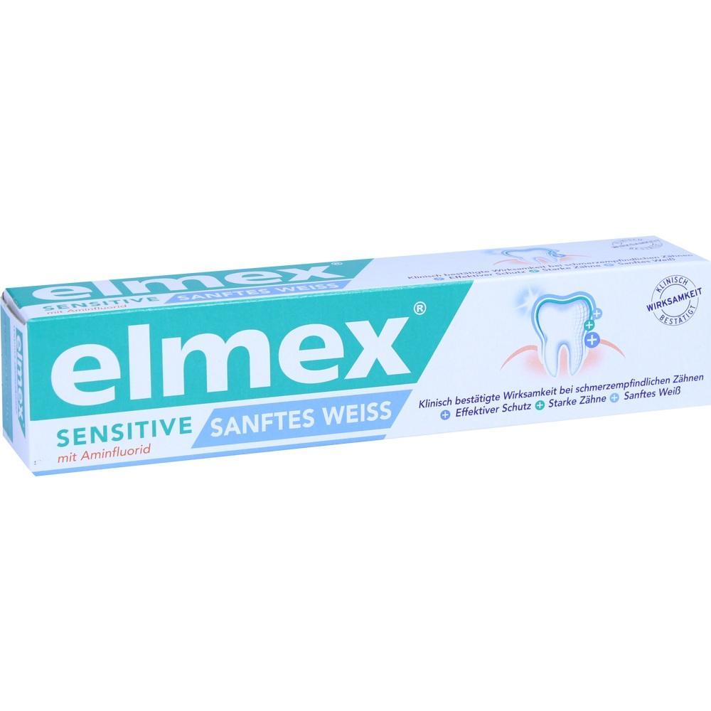 Zahnpastatube von Elmex für empfindliche Zähne in sanftem Weiß.