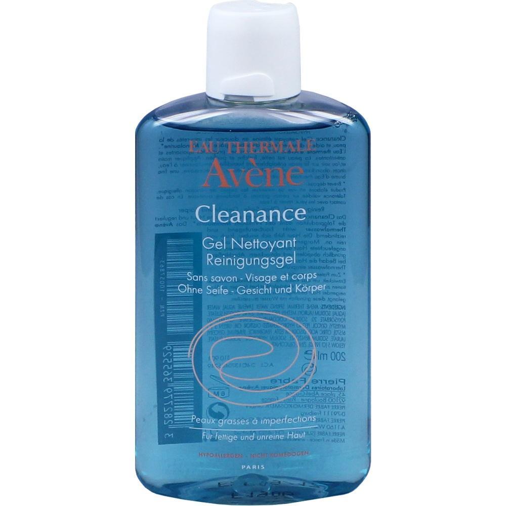 Blaues Reinigungsgel von Av&egrave;ne f&uuml;r Gesicht und K&ouml;rper in einer durchsichtigen Flasche.