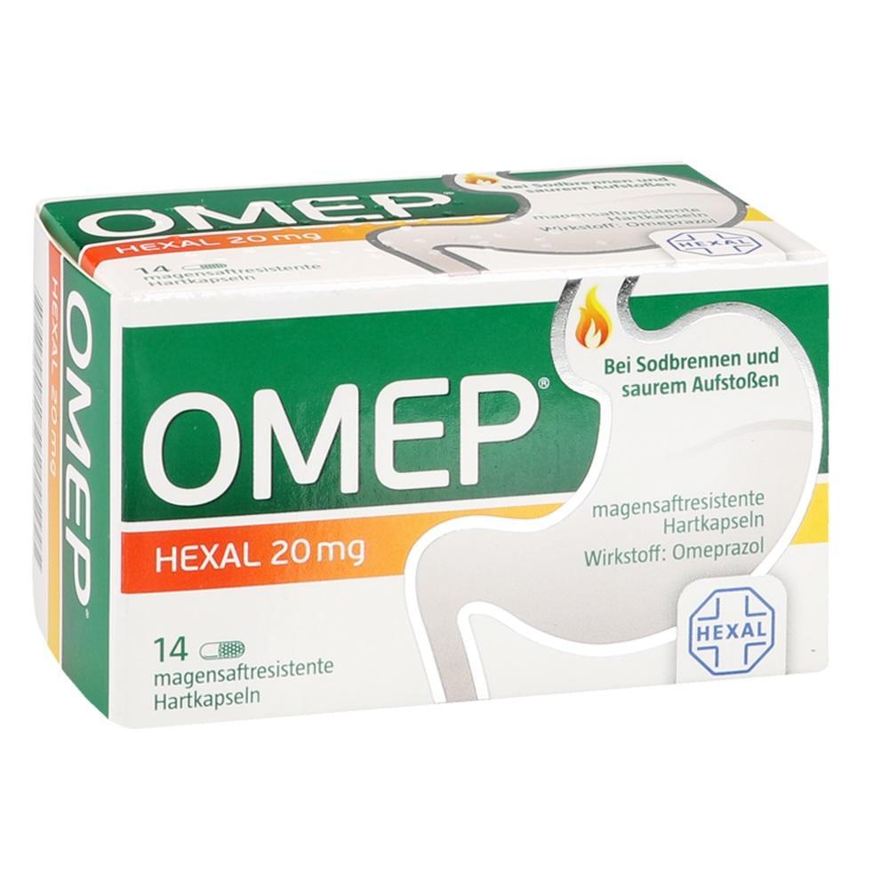 Eine Medikamentenpackung gegen Sodbrennen mit 14 Kapseln innen.