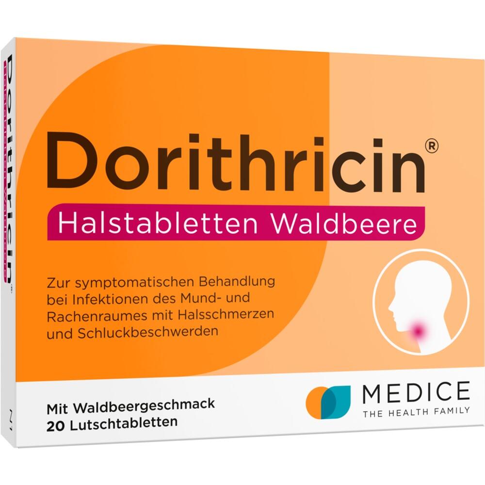 Orangefarbene Verpackung mit Halstabletten gegen Halsschmerzen und Waldbeergeschmack.