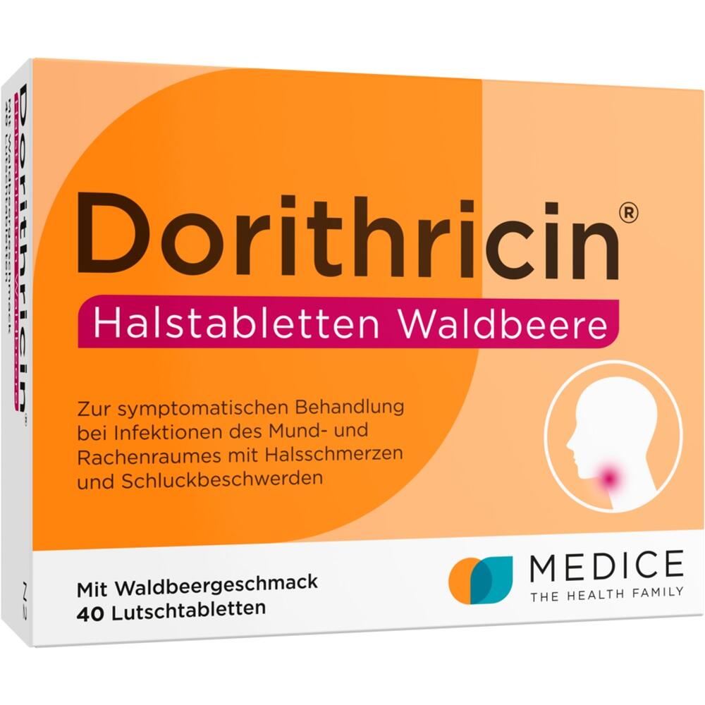 Orangefarbene Packung mit Halstabletten gegen Halsschmerzen im Waldbeergeschmack.