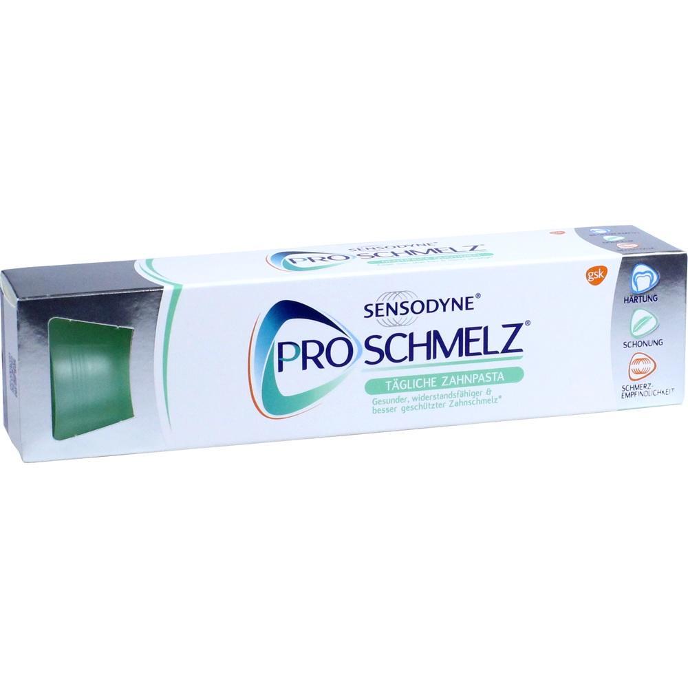 Weiße Zahnpasta-Packung von Sensodyne ProSchmelz mit blauem und grünem Design.