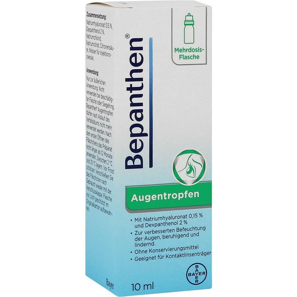 Eine Packung Bepanthen Augentropfen mit grüner Schrift und blauen Details.