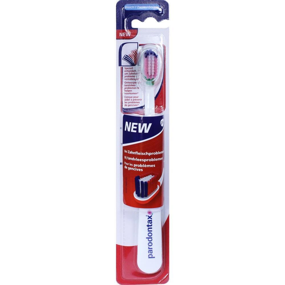 Eine neue Zahnbürste in einer rot-weißen Verpackung.