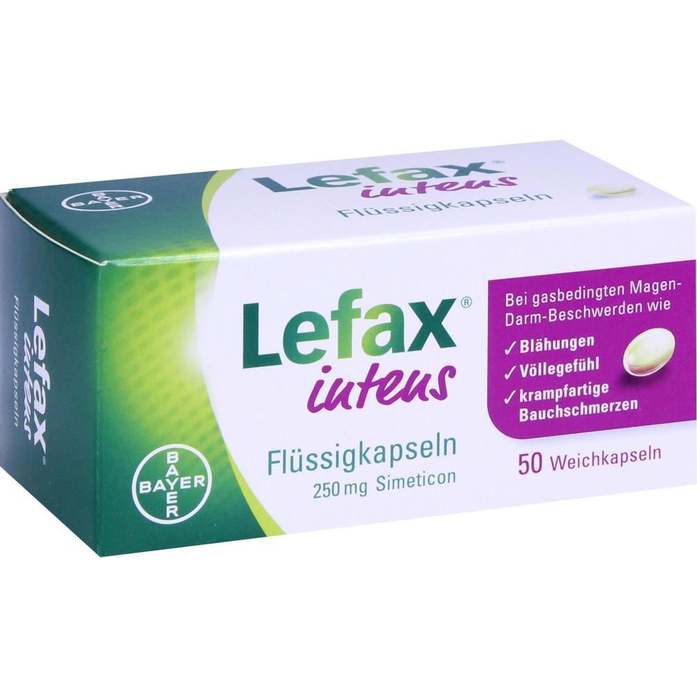 Eine grüne und weiße Packung Lefax intens Flüssigkapseln gegen Magen-Darm-Beschwerden.