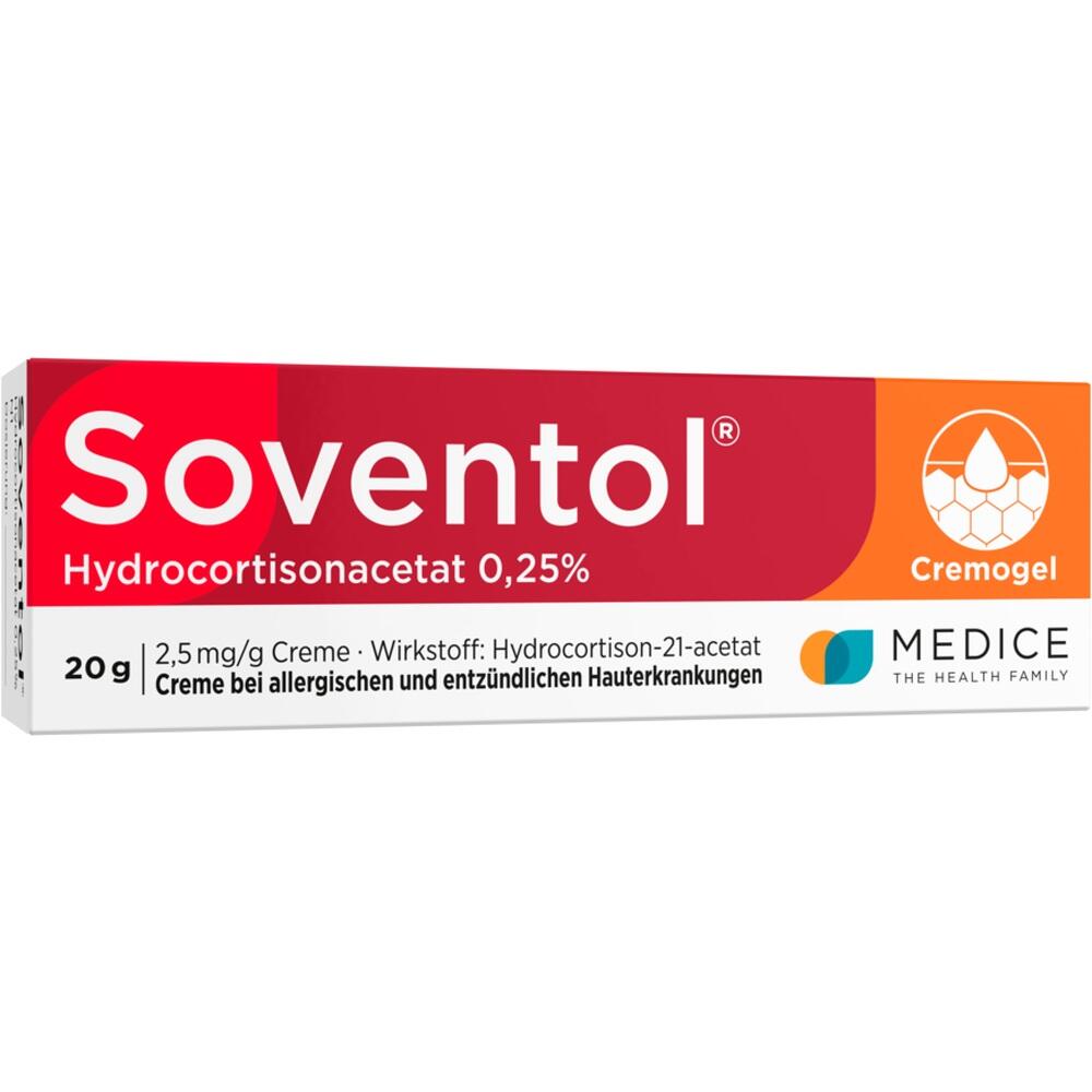 Weiße Creme-Verpackung mit rotem und orangem Design, "Soventol" ist groß geschrieben.