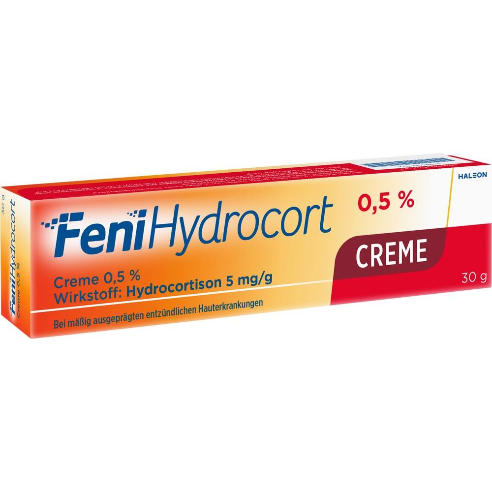 Eine orange-weiße Creme-Verpackung mit der Aufschrift "FeniHydrocort".