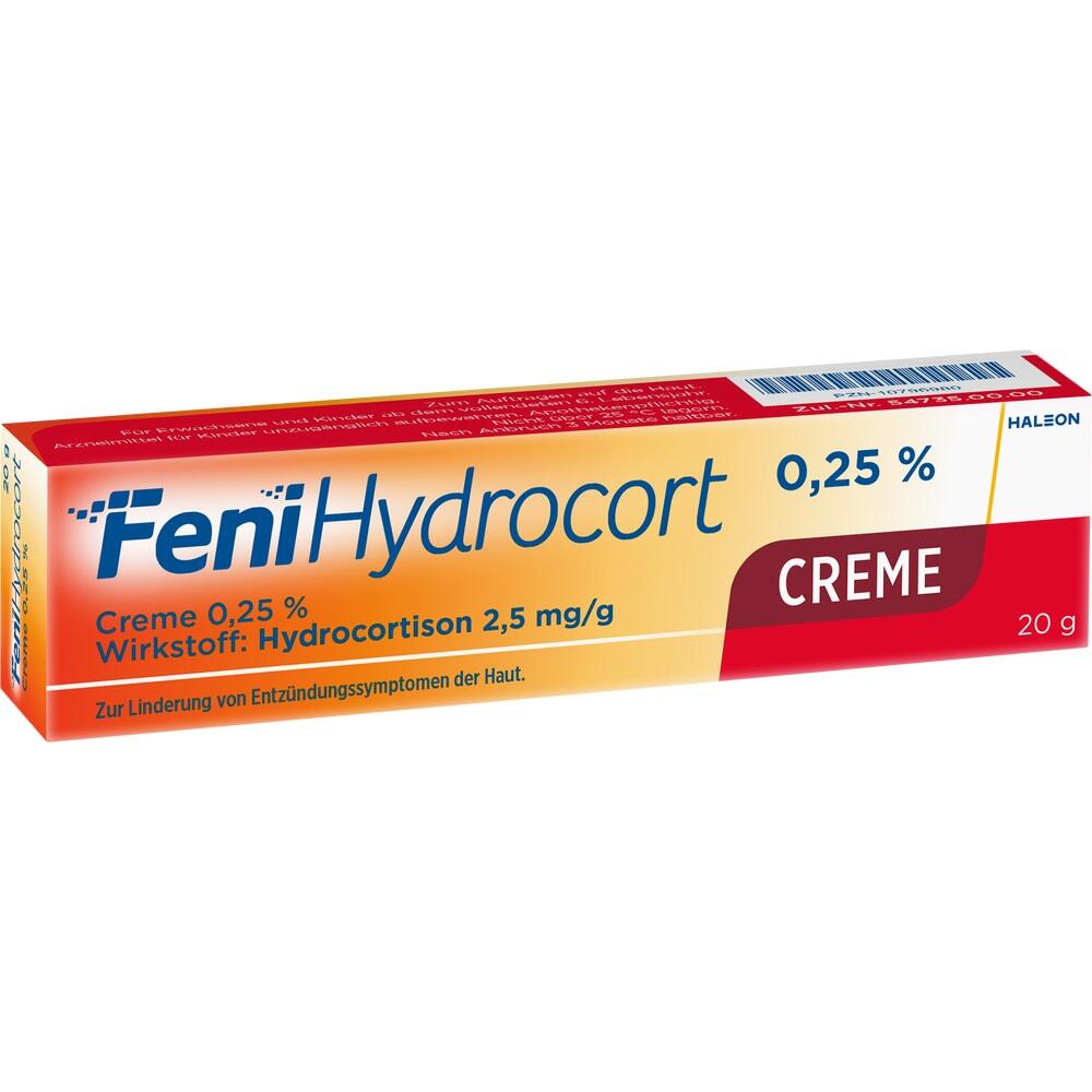 Eine Box Fenihydrocort Creme zur Linderung von Hautentzündungen.