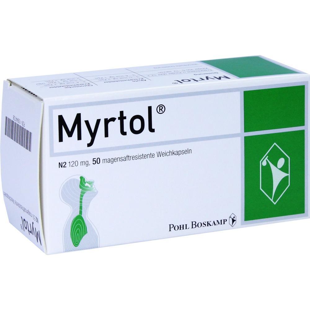 Eine Packung Myrtol-Kapseln gegen Erk&auml;ltung und Atemwegsprobleme.