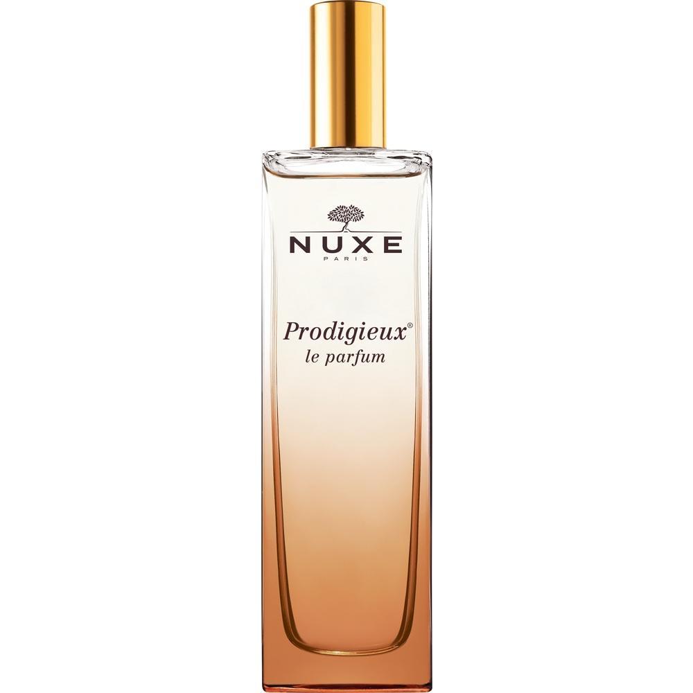 Ein Parfümflakon mit goldenem Deckel und der Aufschrift "Prodigieux le parfum".