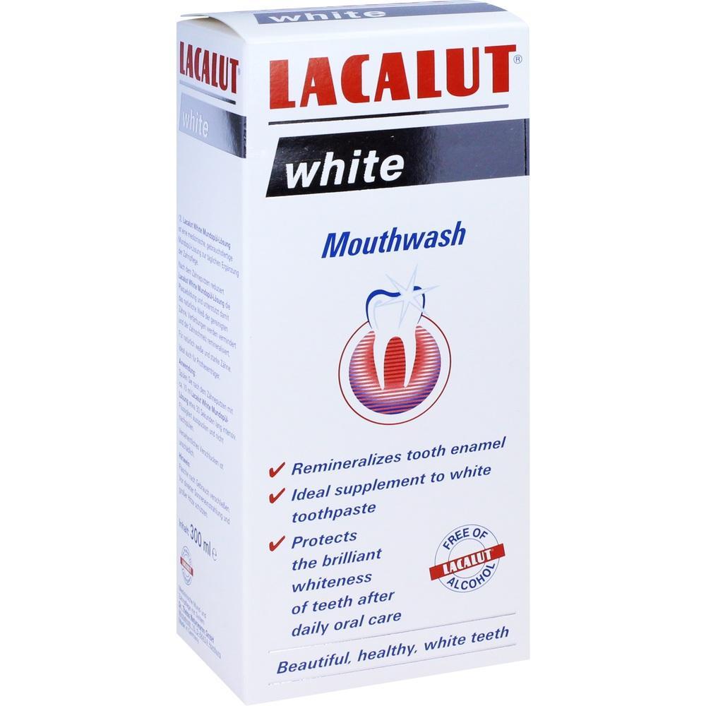 Weiße Verpackung einer Mundspülung mit einem Zahn-Symbol darauf.