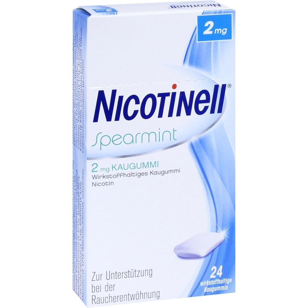 Packung eines Nikotin-Kaugummis zur Raucherentwöhnung, Marke Nicotinell, Geschmack Spearmint.