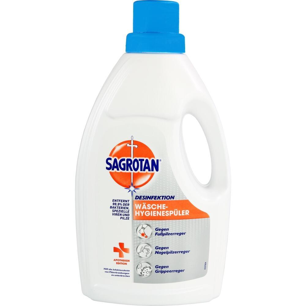 Weiße Flasche mit blauem Deckel für Wäschehygiene von Sagrotan.