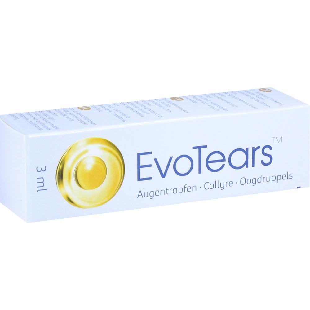 Weiße Schachtel mit der Aufschrift "EvoTears Augentropfen" und einem goldenen Kreis.