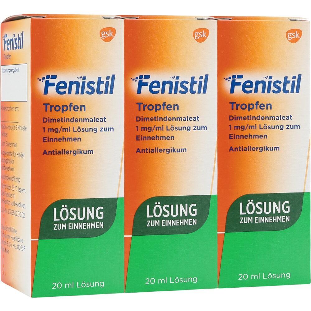 Drei Packungen Fenistil Tropfen, ein Antiallergikum zum Einnehmen.