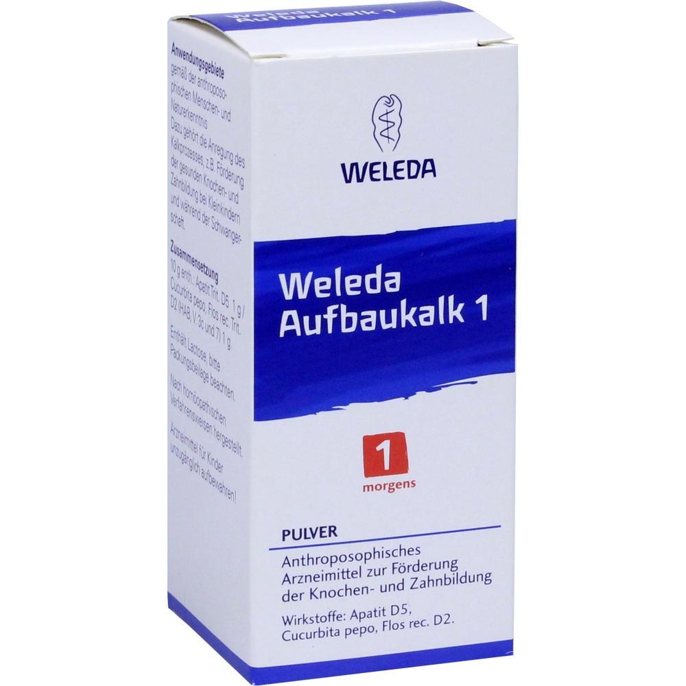 Weiße Schachtel mit blauem Text: "Weleda Aufbaukalk 1", ein anthroposophisches Arzneimittel.