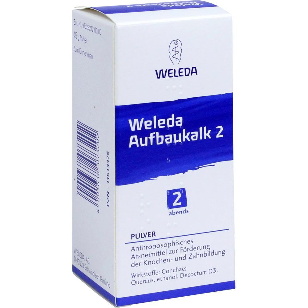 Weiße Packung von Weleda Aufbaukalk 2 zur Förderung der Knochen- und Zahnbildung.