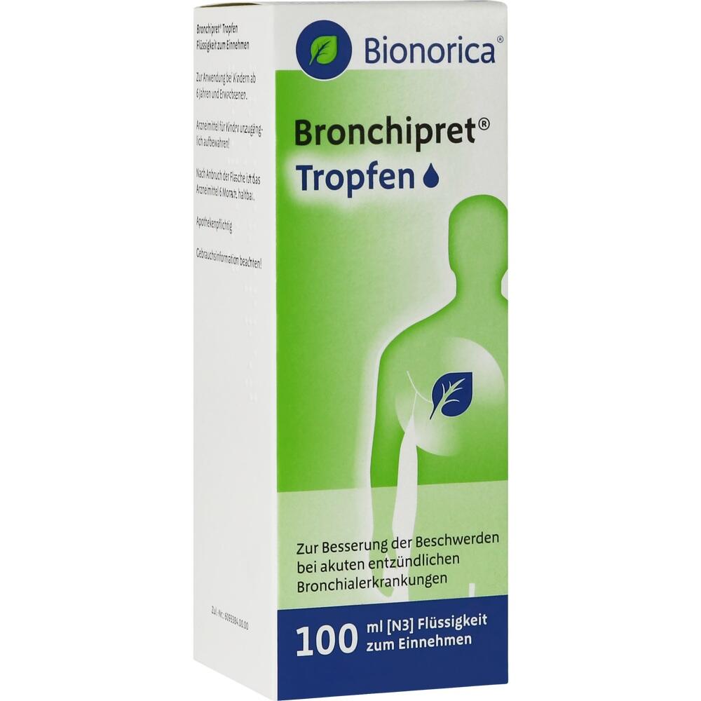 Wei&szlig;e Packung mit Aufschrift "Bronchipret Tropfen", zur Linderung von Hustenbeschwerden.