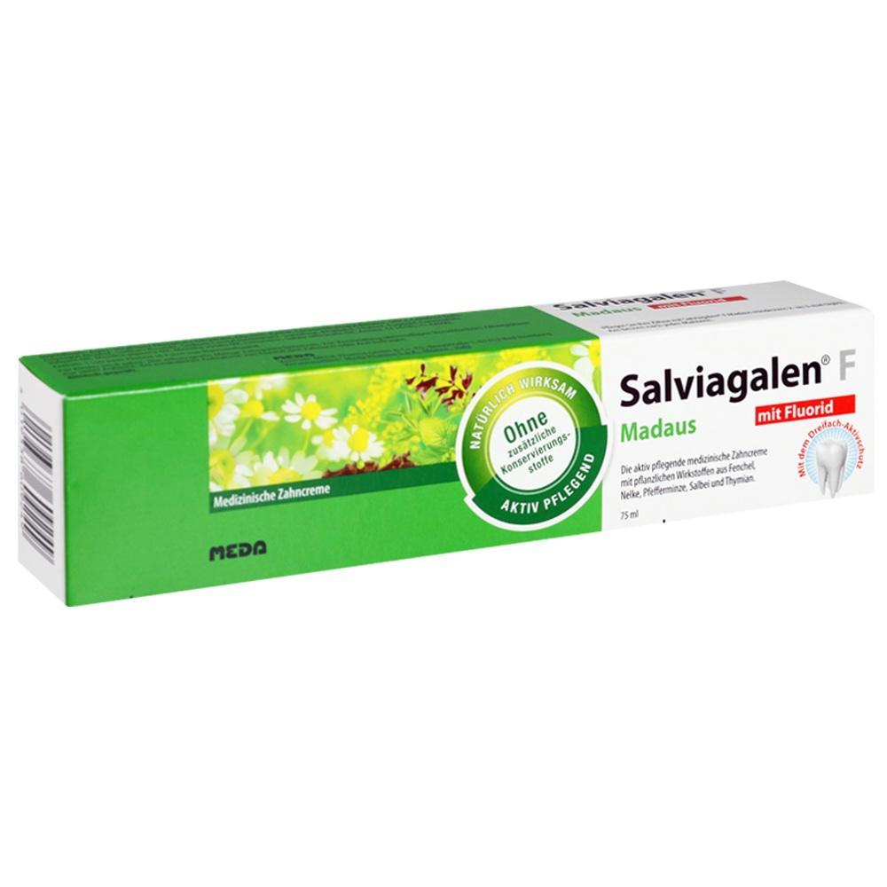 Eine grüne Zahnpasta-Schachtel mit der Aufschrift "Salviagalen F".