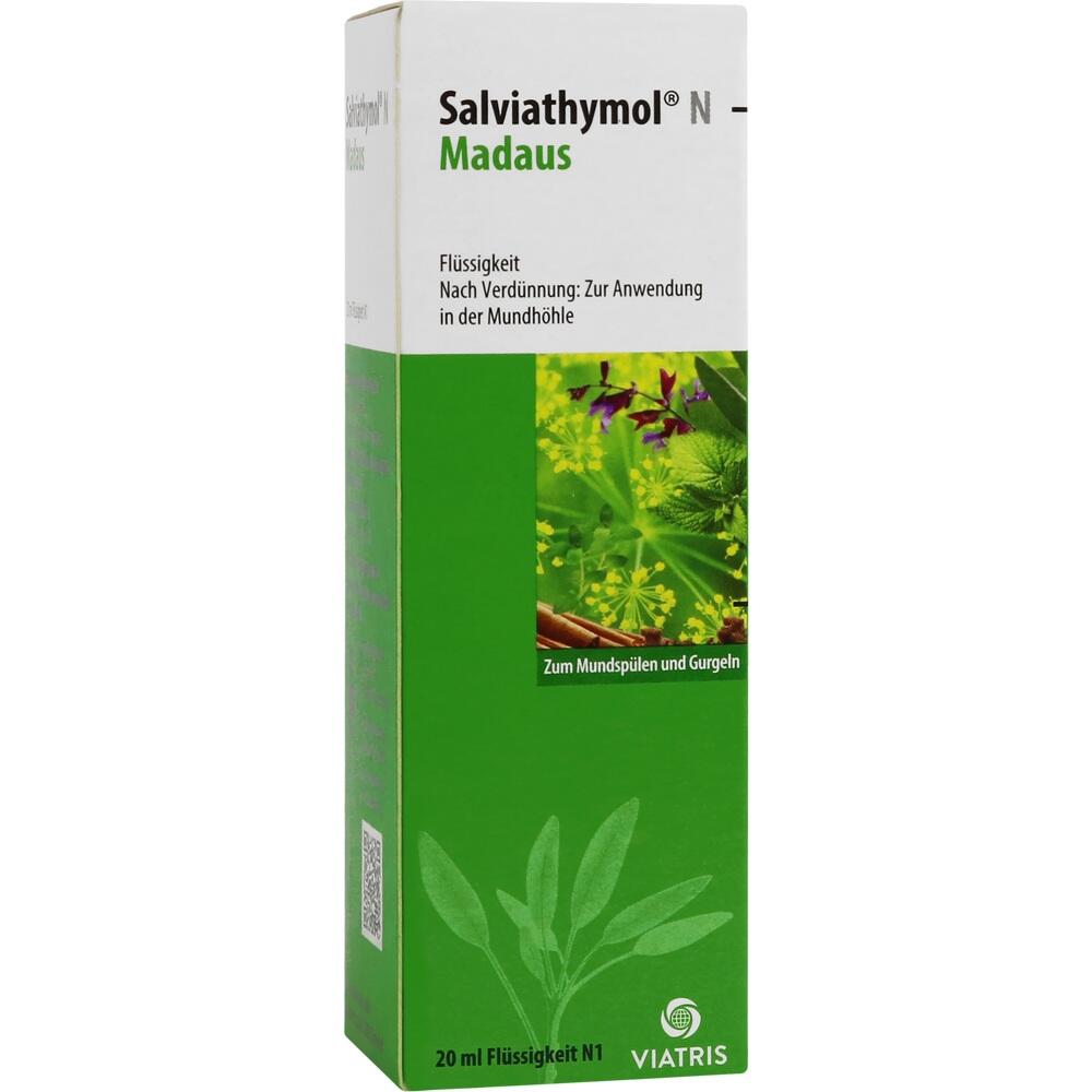 Grüne Packung von Salviathymol Madaus zum Mundspülen und Gurgeln.