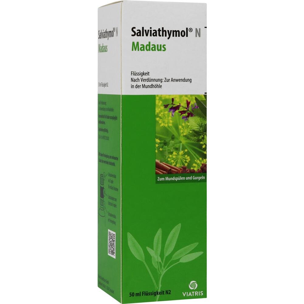 Eine grüne Verpackung und braune Flasche von Salviathymol Mundspüllösung.