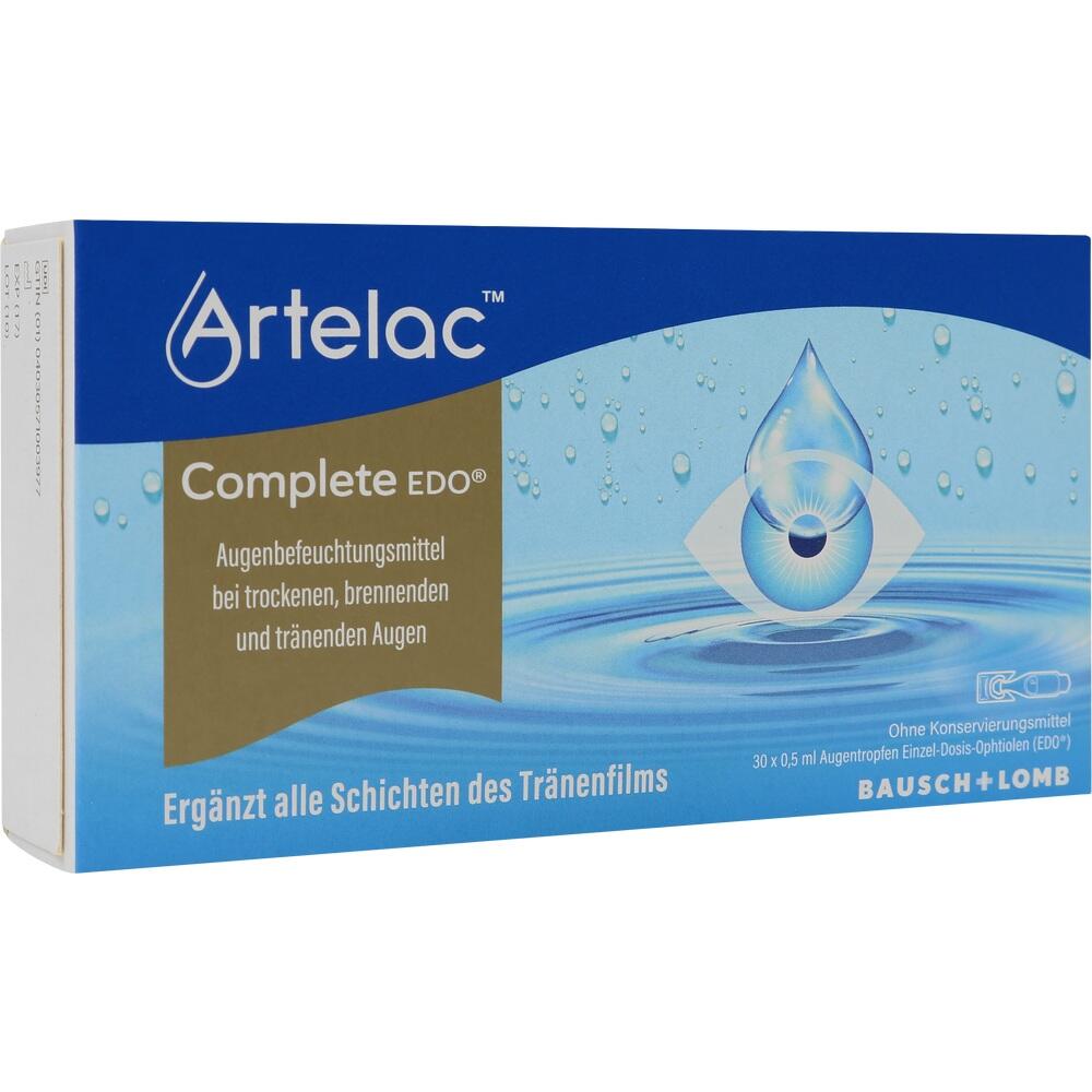 Verpackung von Artelac Augentropfen für trockene, brennende und tränende Augen.