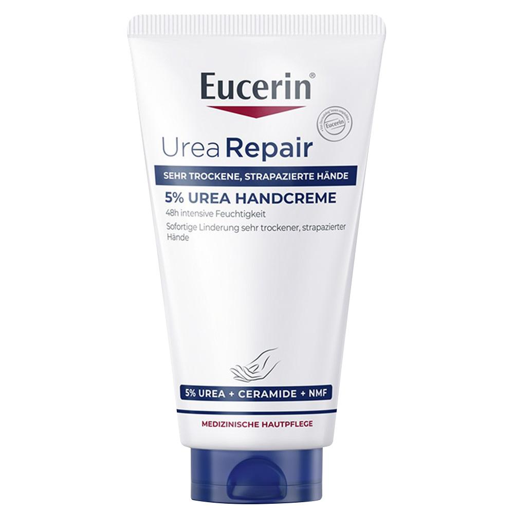 Weißes Handcreme-Tube mit blauer Kappe und Aufschrift "Eucerin Urea Repair".