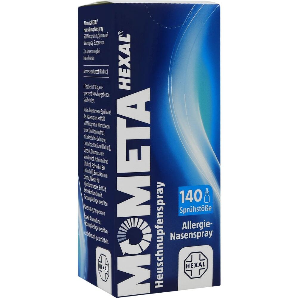 Blaue Verpackung eines Allergie-Nasensprays mit 140 Sprühstößen.