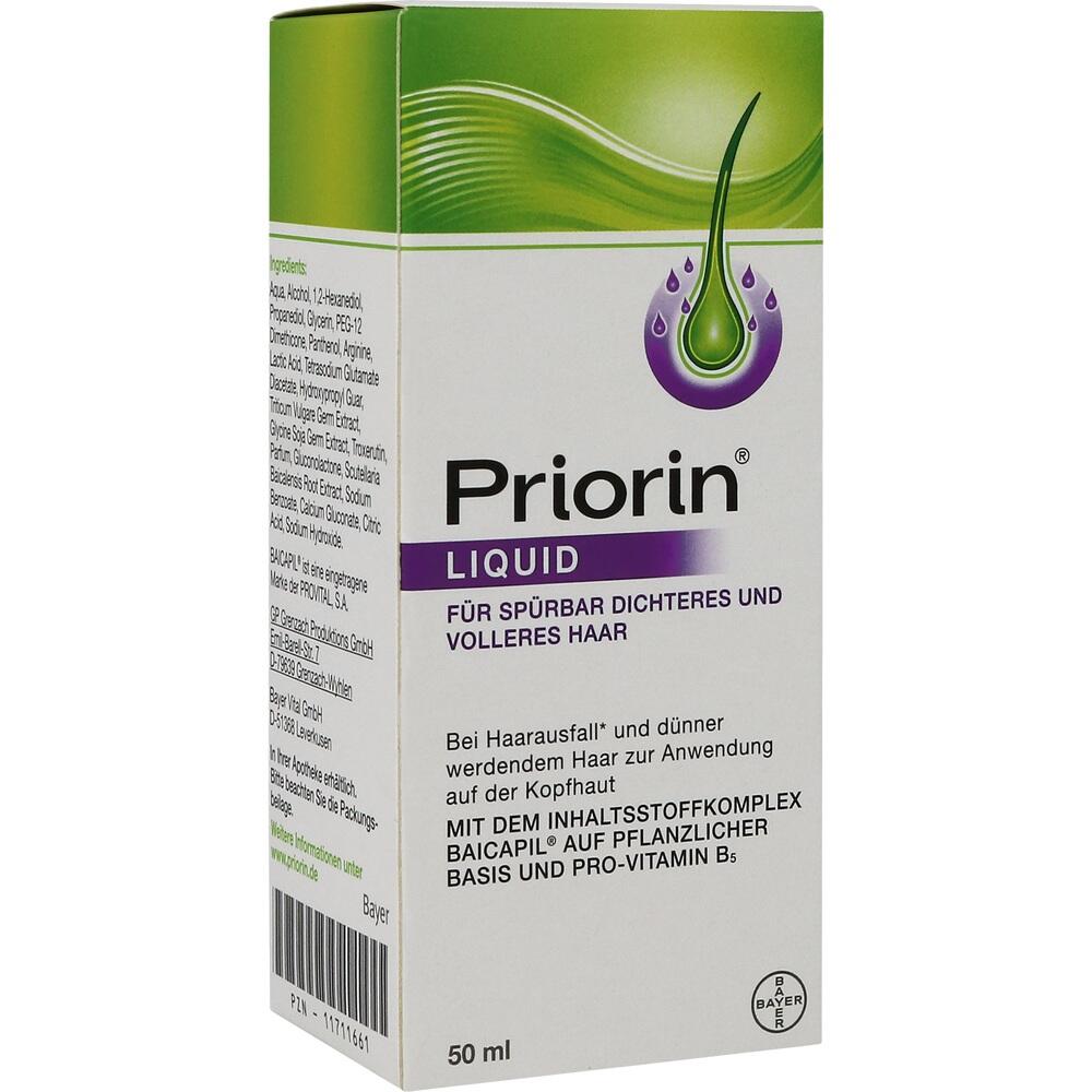 Die Verpackung von Priorin Liquid zur Förderung von dichterem Haar.