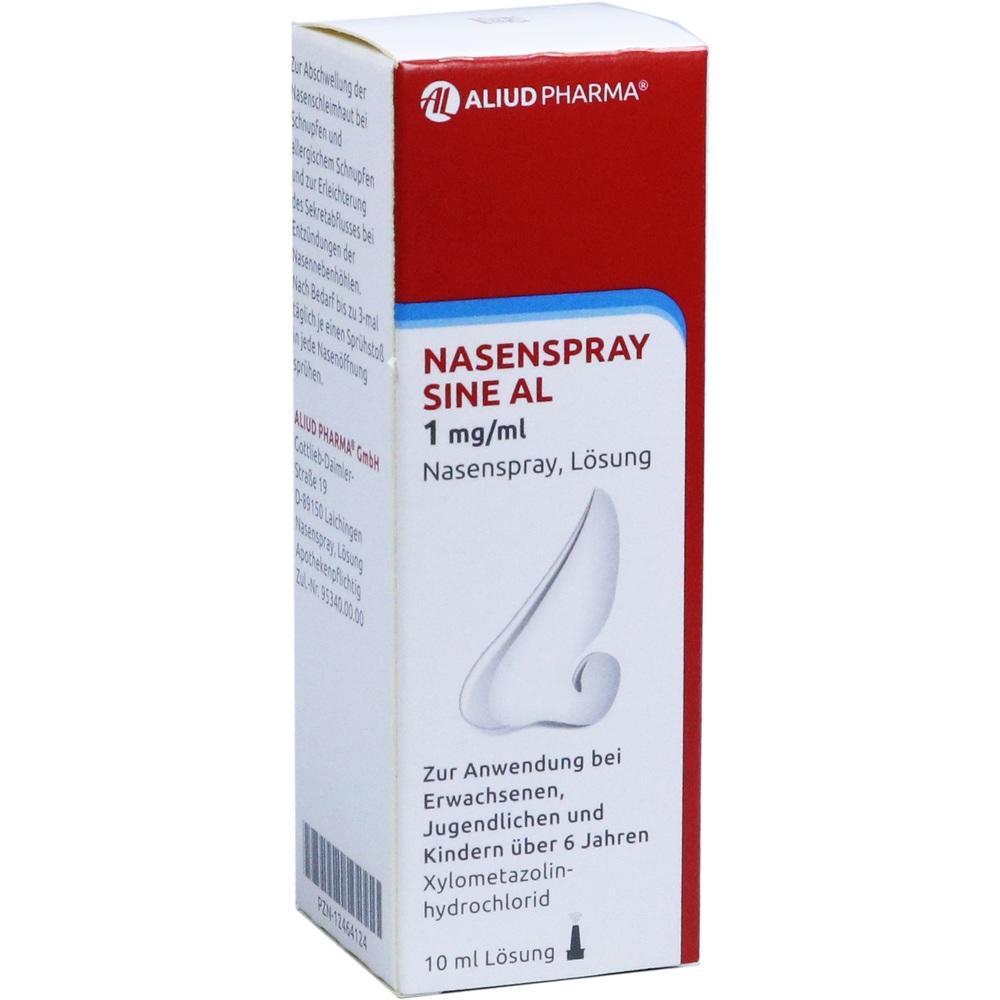 Rote und wei&szlig;e Verpackung eines Nasensprays mit der Aufschrift "Nasenspray Sine AL".